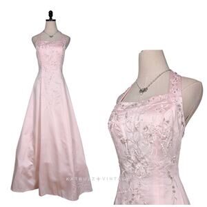 Vintage Prom Dress S Pink Maxi Gown 90S Fairy Princess Bead Halter Feminine Y2K